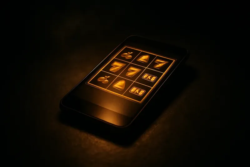 Smartphone face-up showing premium casino game grid on dark surface