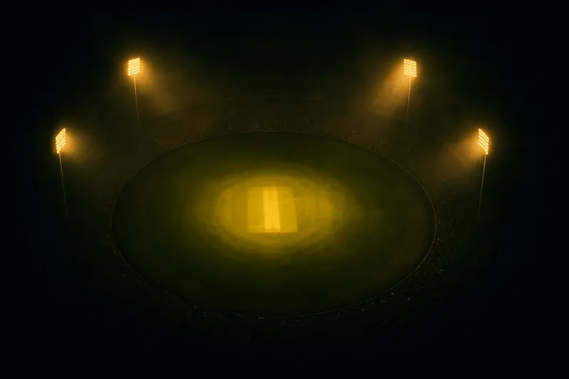 Aerial view of illuminated cricket stadium with packed stands at night
