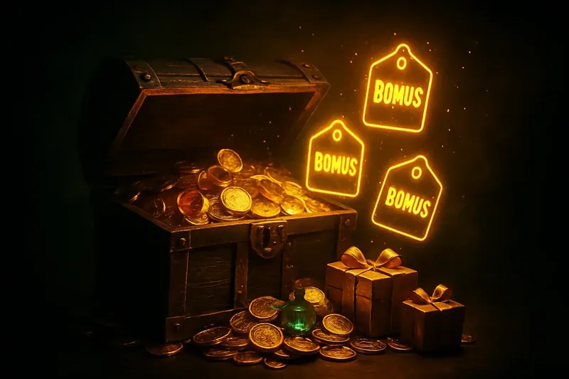 Golden treasure chest bursting with coins, gems, and bonus gifts