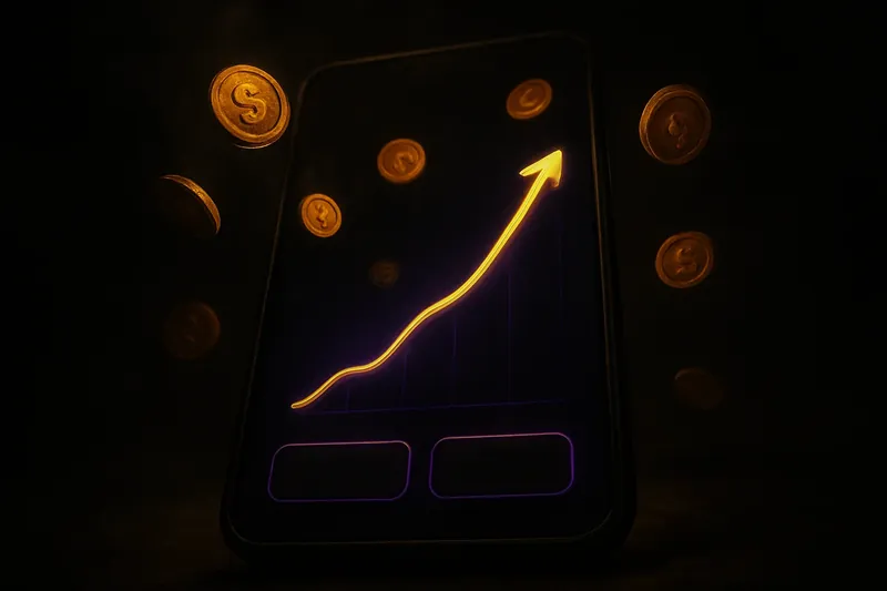Mobile crash game interface with glowing curve graph and scattered coins