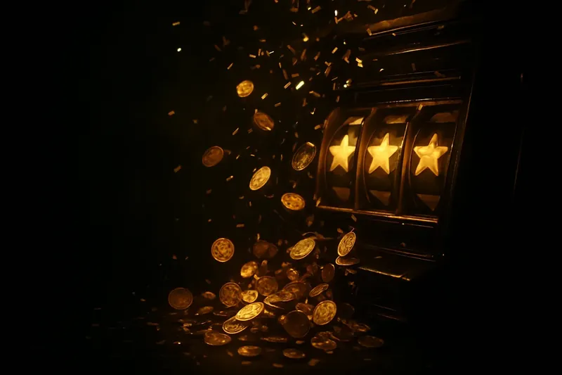 Golden coins rain over winning slot screen with neon confetti
